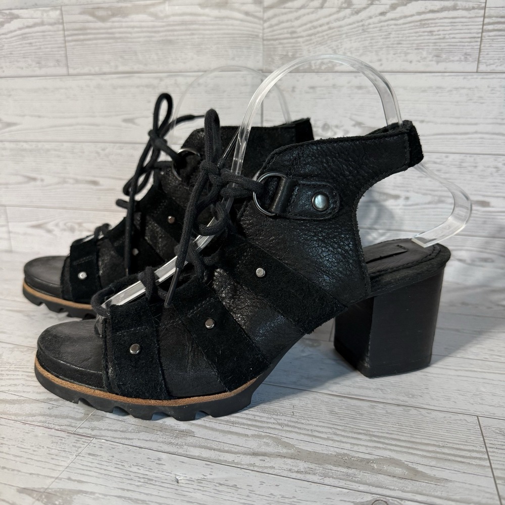 Sorel Addington Sandals Sz 7.5 Black Leather Lace Up Block Heel Shoe Goth Grunge